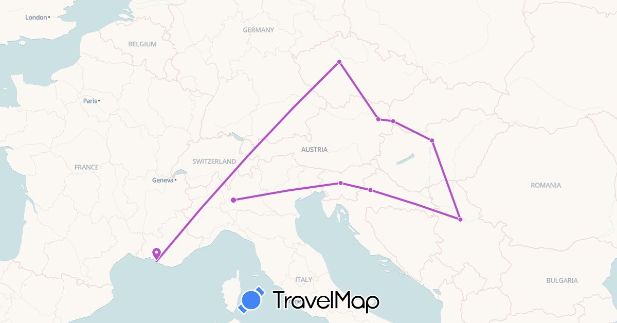 TravelMap itinerary: train in Austria, Czech Republic, France, Croatia, Hungary, Italy, Serbia, Slovenia, Slovakia (Europe)